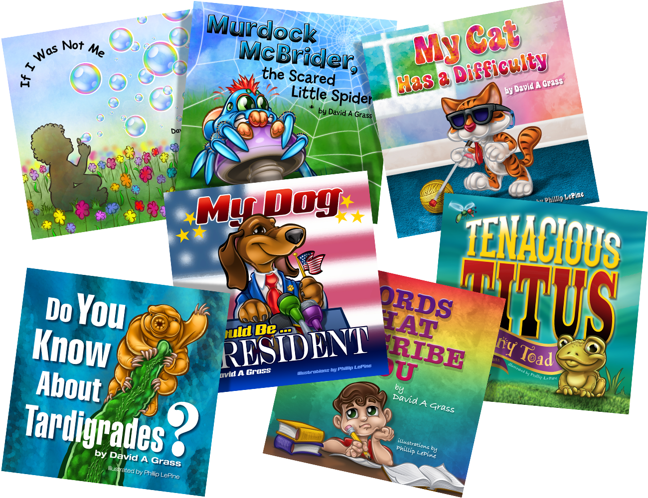 Collection of Book Covers illustrated by Phillip LePine, Author David A. Grass
