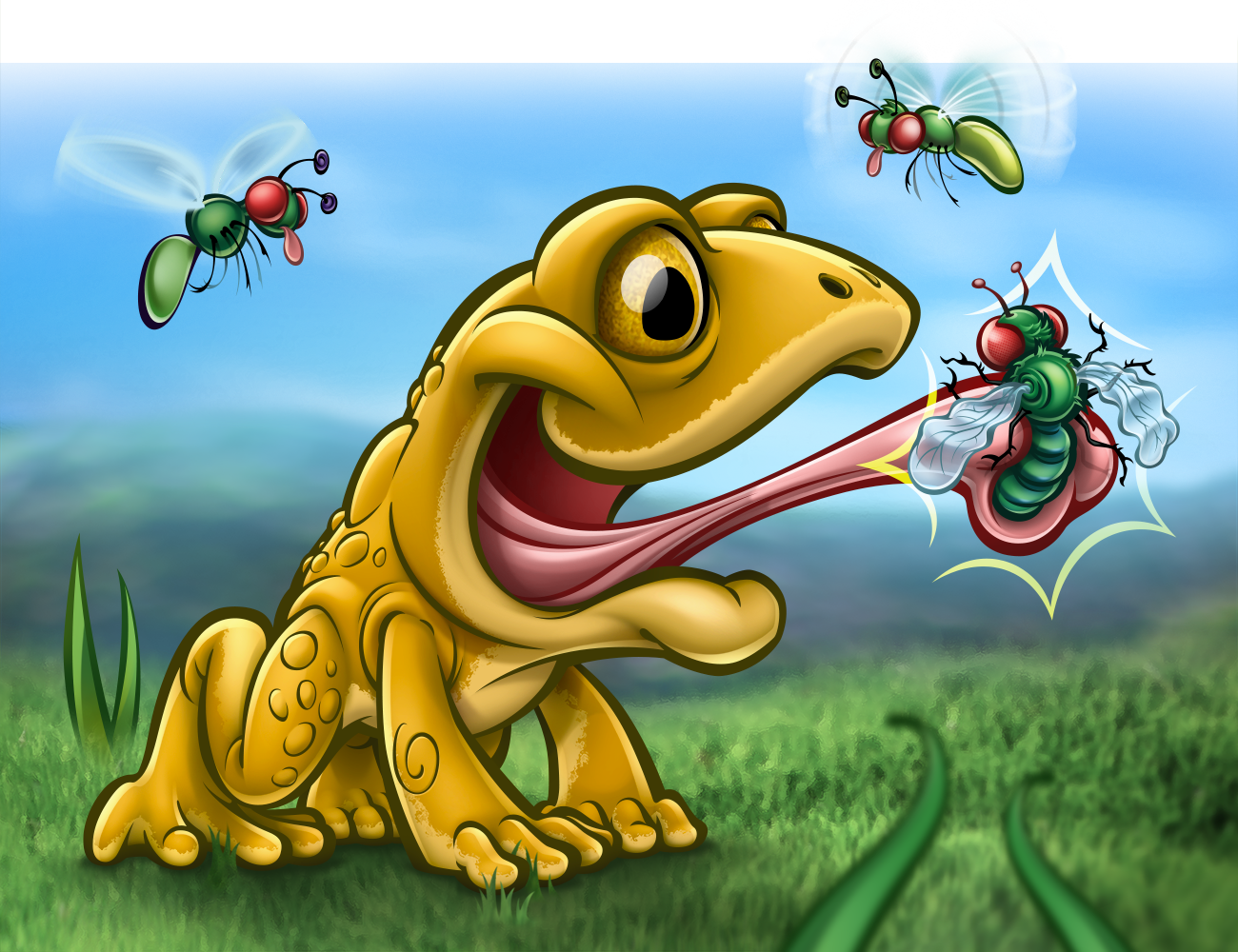 whimsical illustration of toad catching a bug with it's tongue, from book 