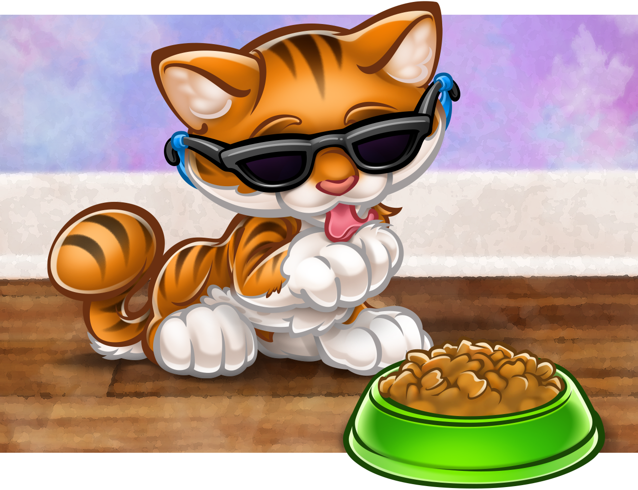 whimsical illustration of cat with blackout glasses in front of it's food dish, from book 