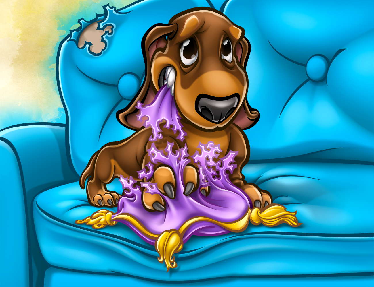 illustration of dachschund looking guilty after chewing a pillow, from book 