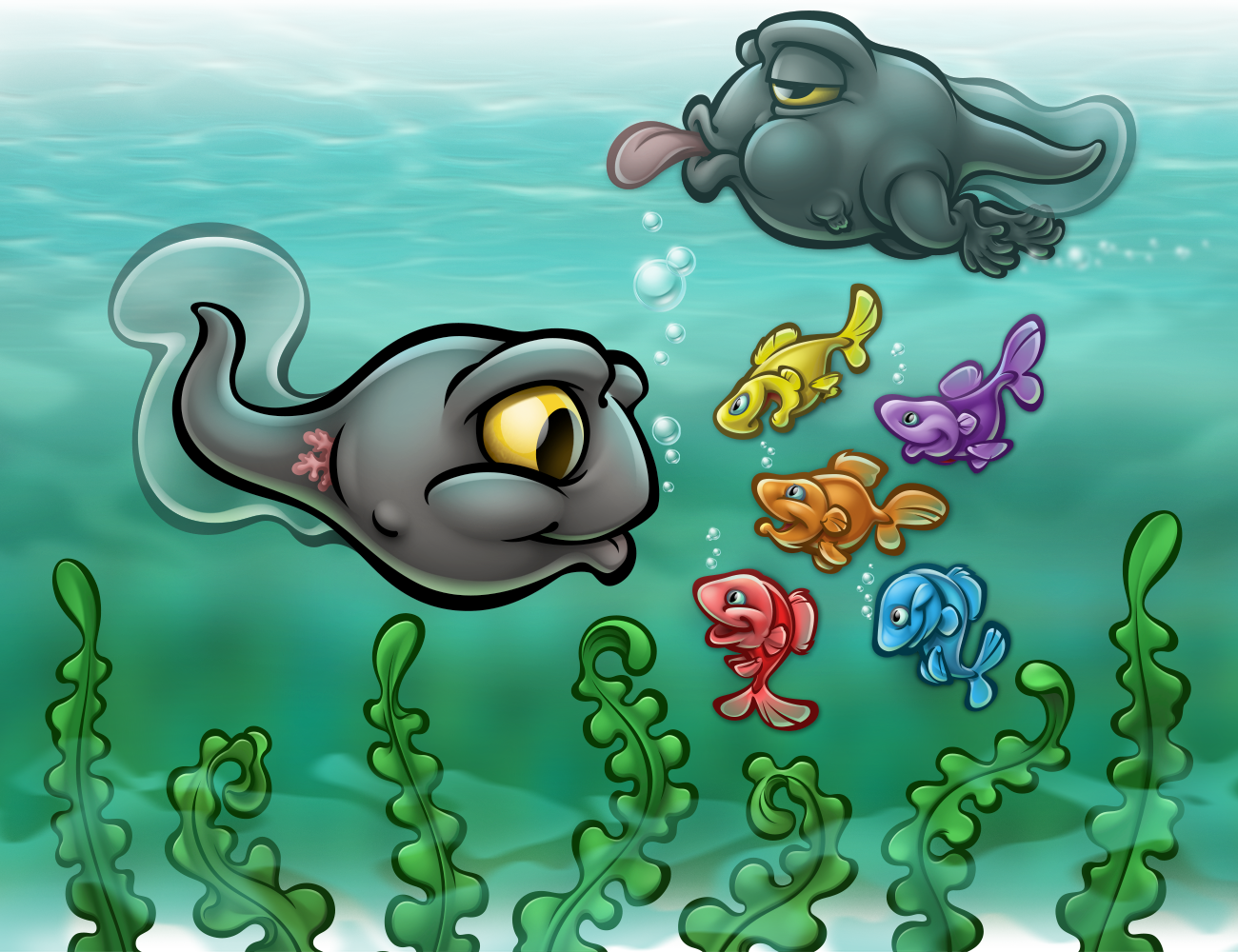 whimsical illustration of tadpole setting a school of tiny fish, from book 