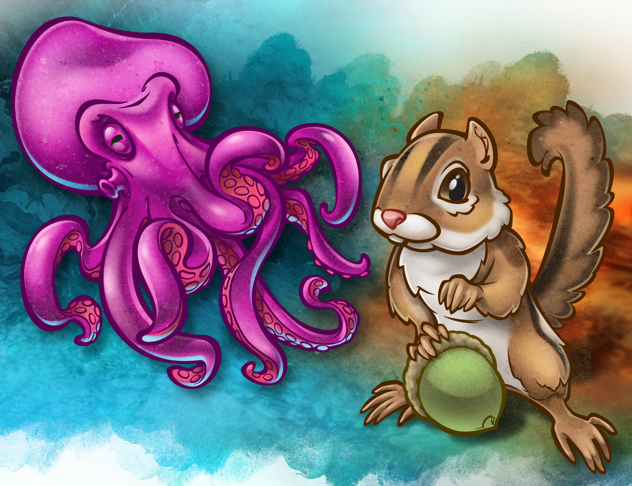 Octopus and Chipmunk illustrations, from book 