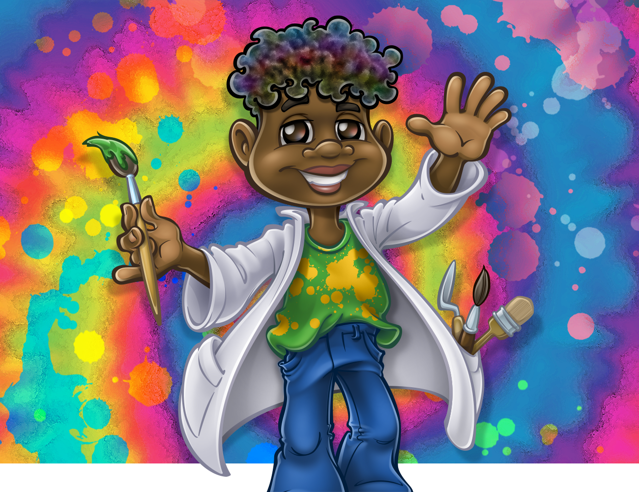 whimsical illustration of boy wearing paint covered smock in front of tie-die rainbow, from book 