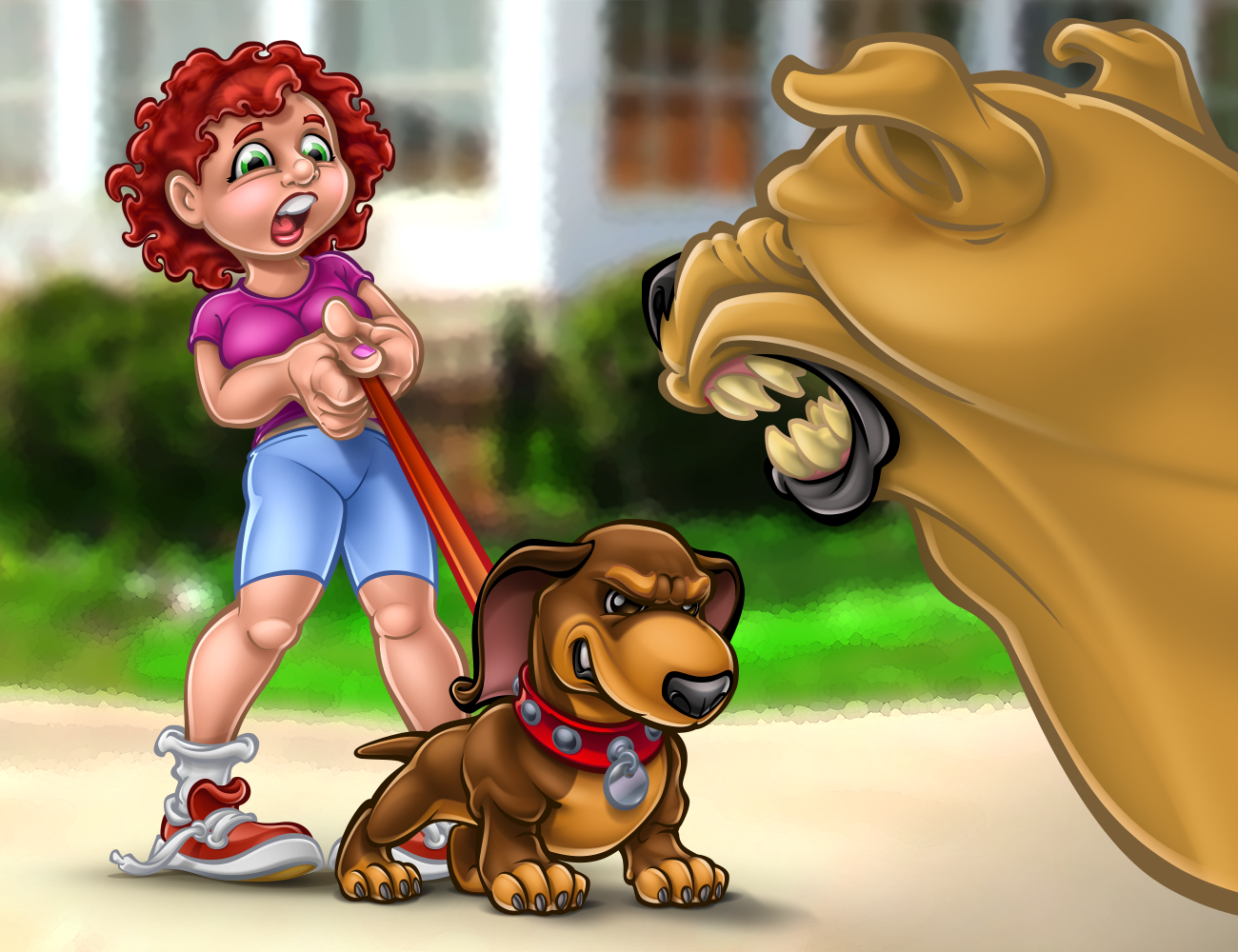 illustration of dachschund protecting girl from snarling large dog, from book 