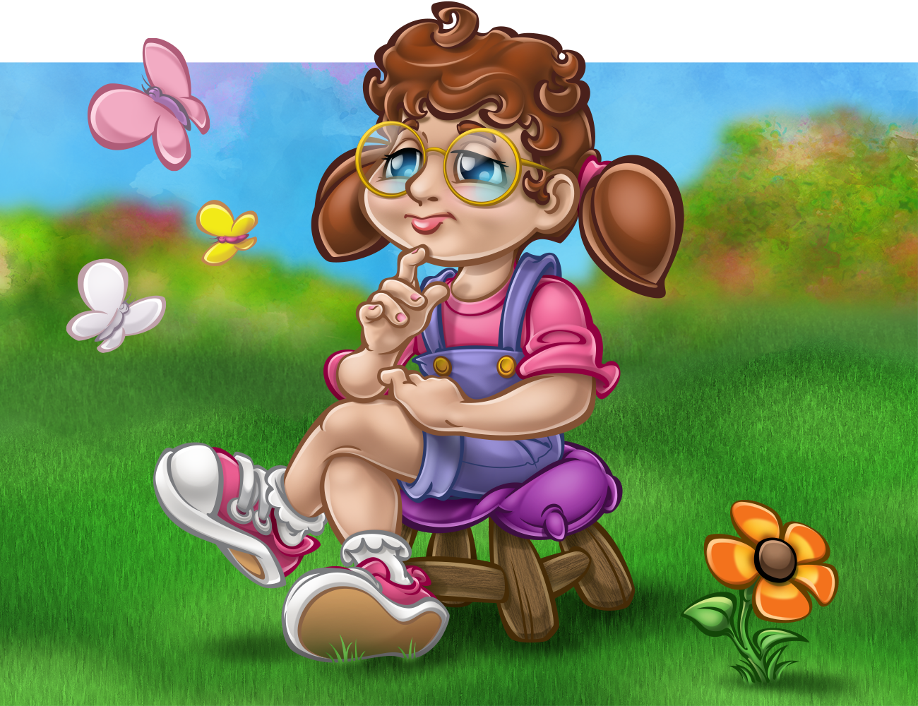 whimsical illustration of girl sitting on stool in Thinker pose, from book 