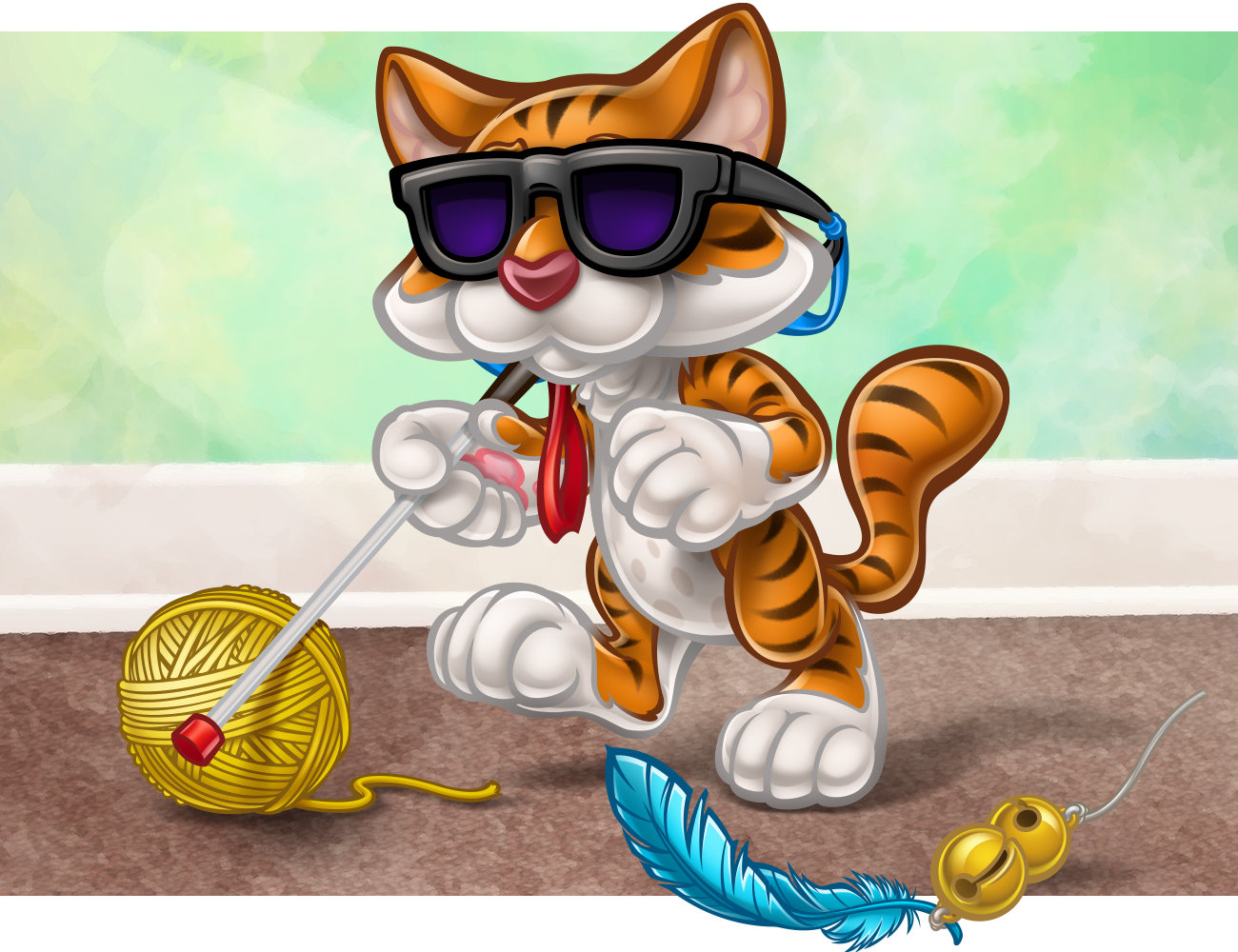 whimsical illustration of cat with blackout glasses walking with a cane, from book 