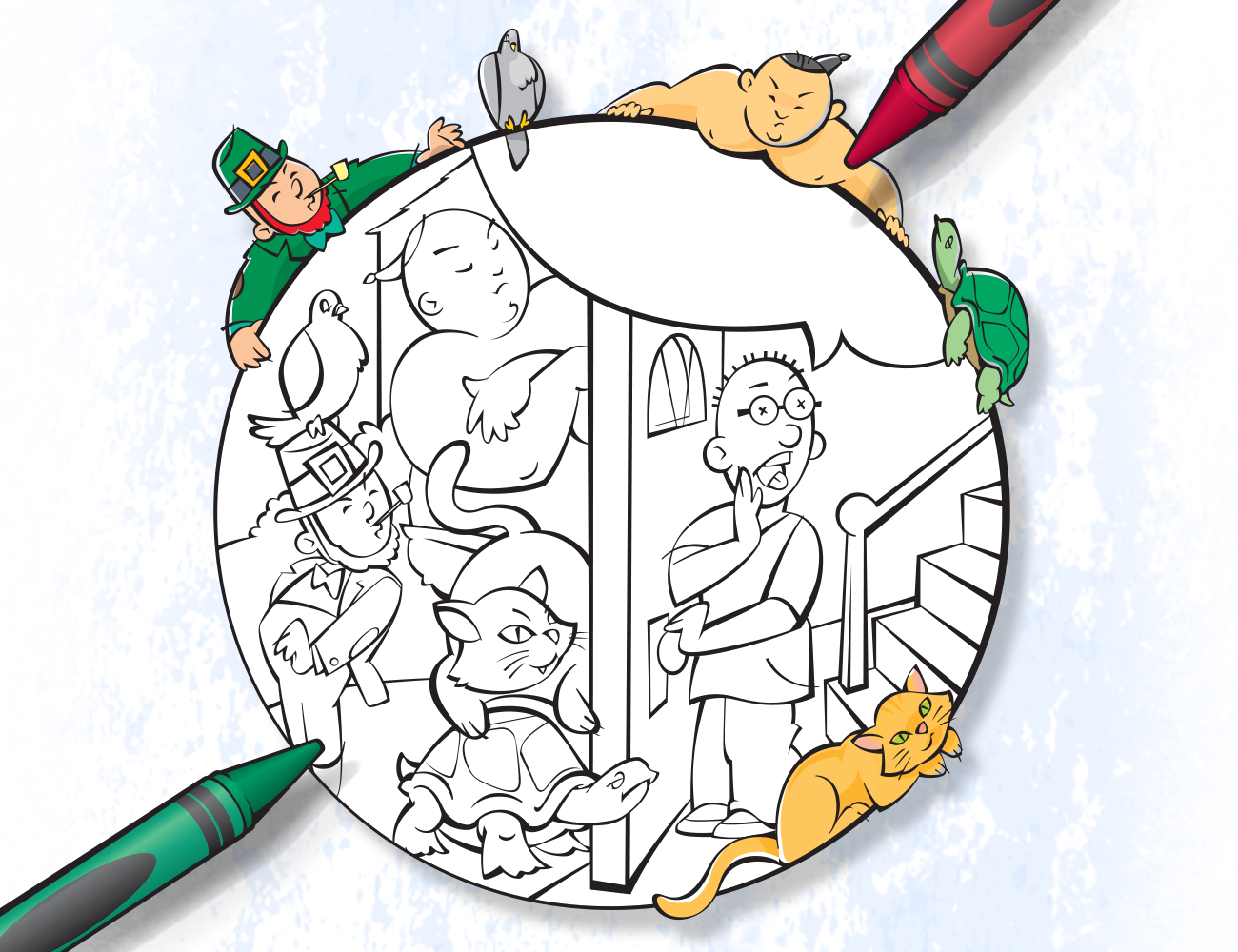 Cartoon illustration of vices at the door