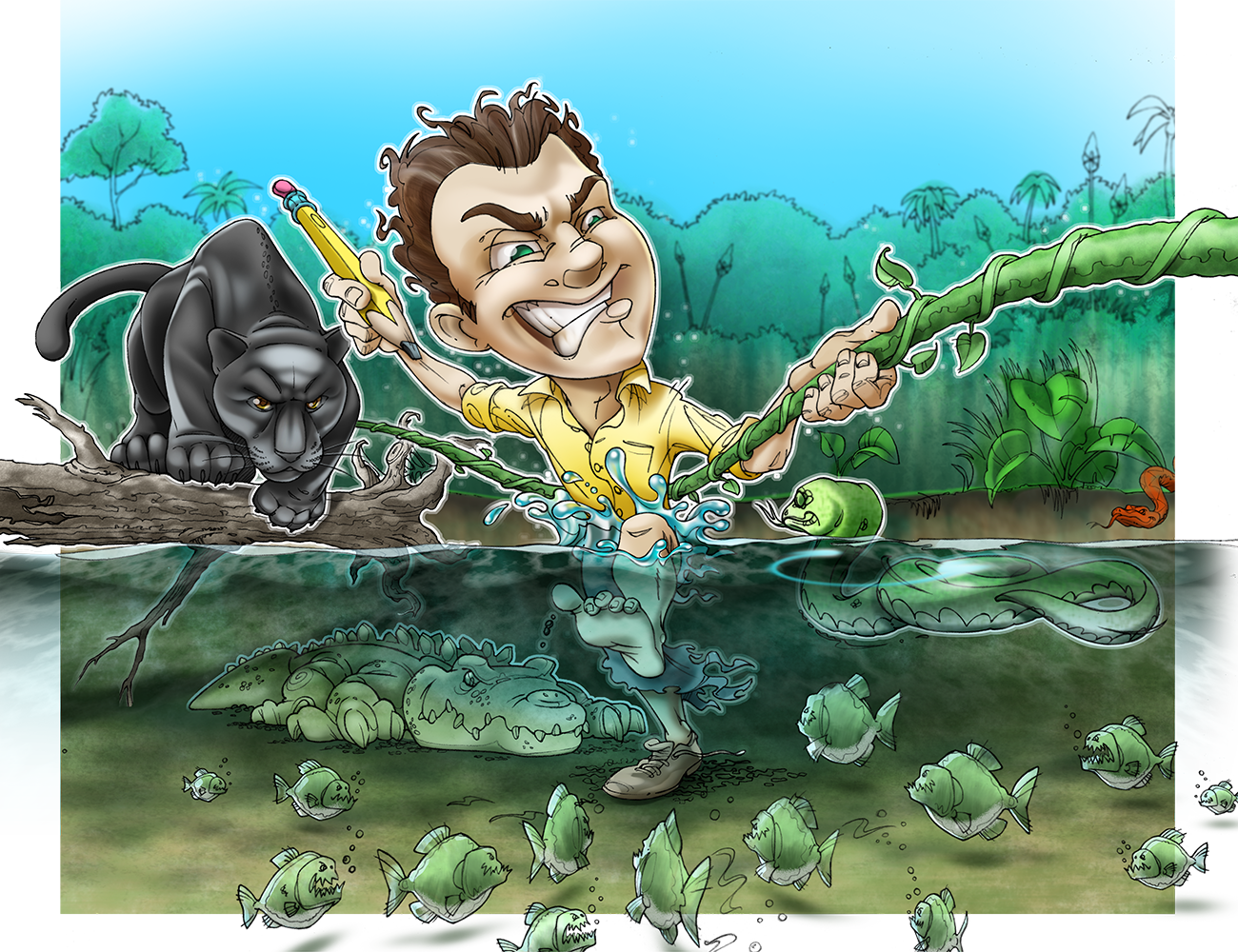 Colorized pencil sketch of man trying to survive dangers of the Amazon Rainforest