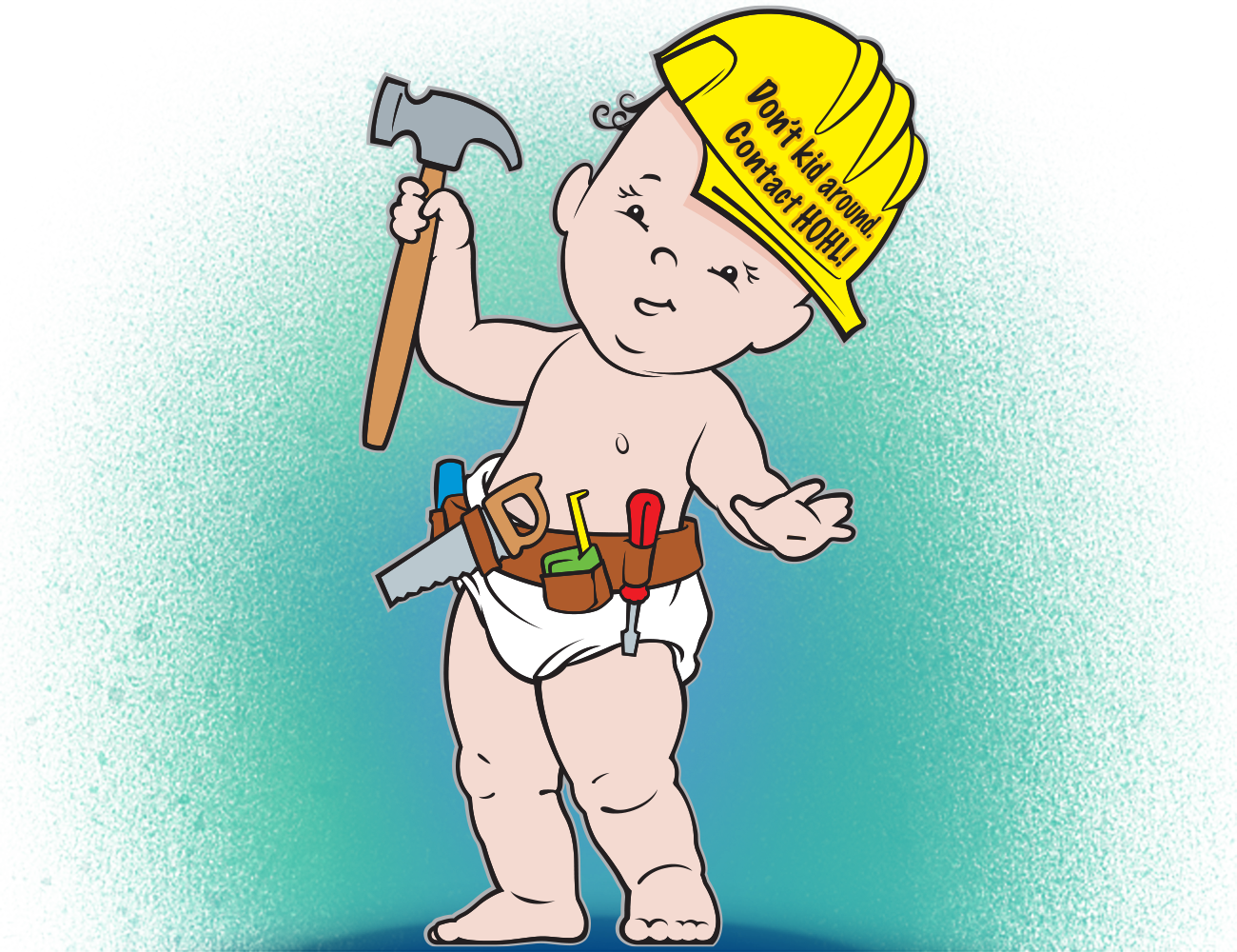 Cartoon illustration of baby in hardhat, diaper and tool belt