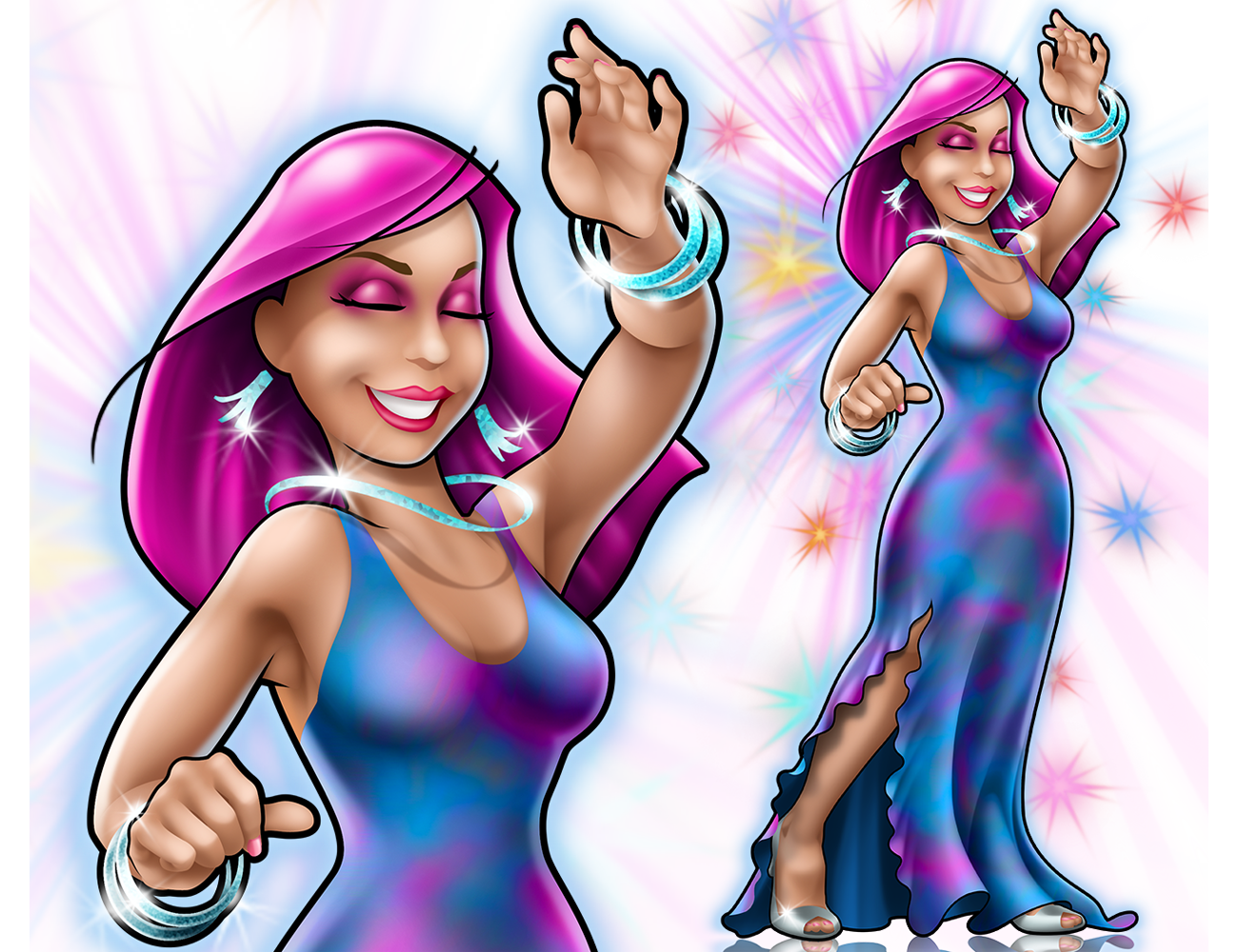 Cartoon illustration of dancing woman with a close-up