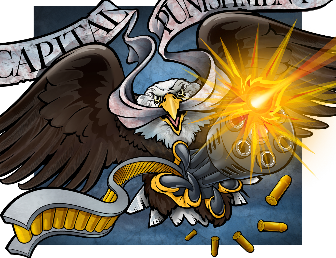 Cartoon illustration of an eagle carrying a gatling gun in it's talons