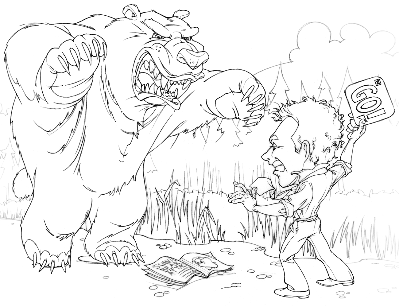 Pencil sketch of man trying to scare off large bear