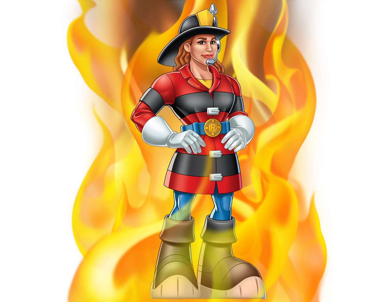 Cartoon illustration of young Fisher-Price's female firefighter Wendy Waters in front of flames