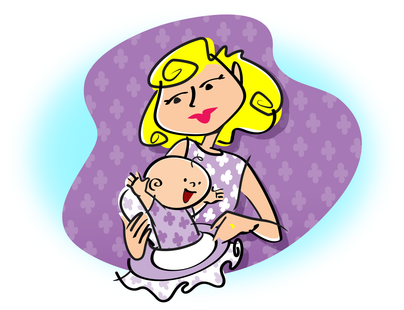 Cartoon illustration of woman and baby wearing matching outfits