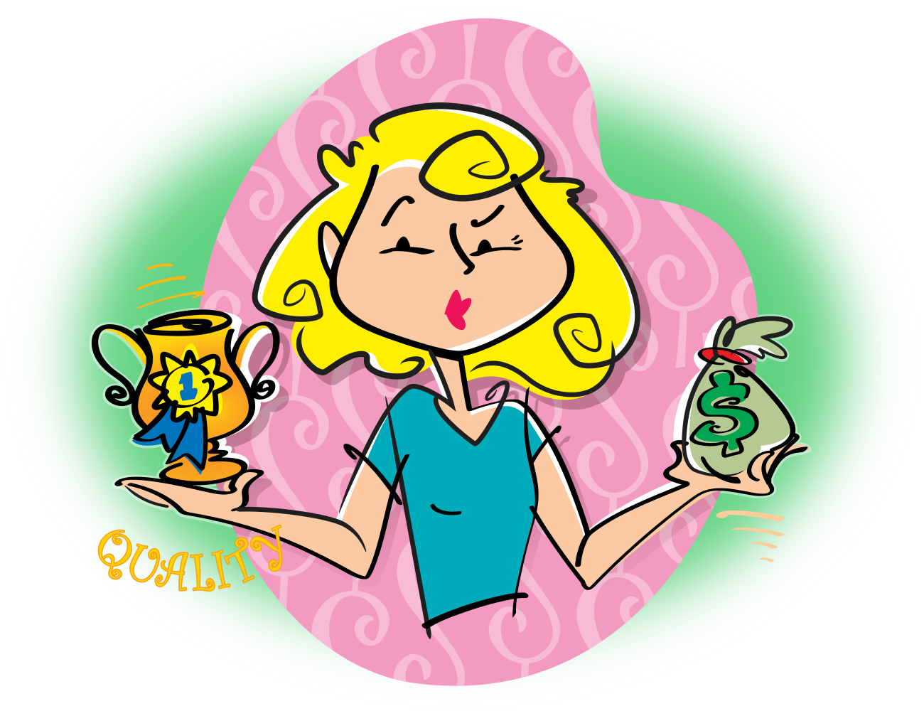 Cartoon illustration of woman balancing cost versus quality