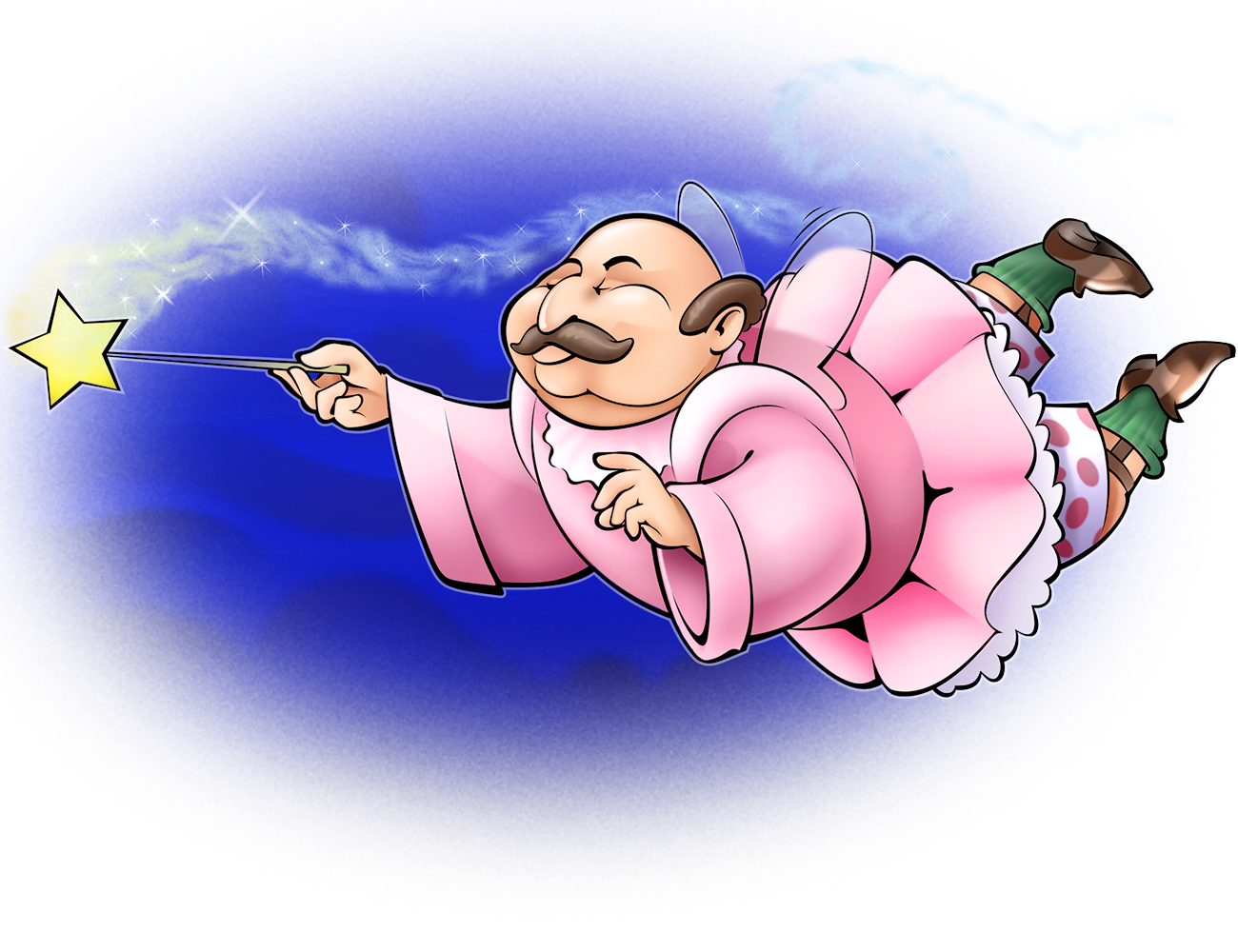 Cartoon illustration of flying fairy godfather with wand