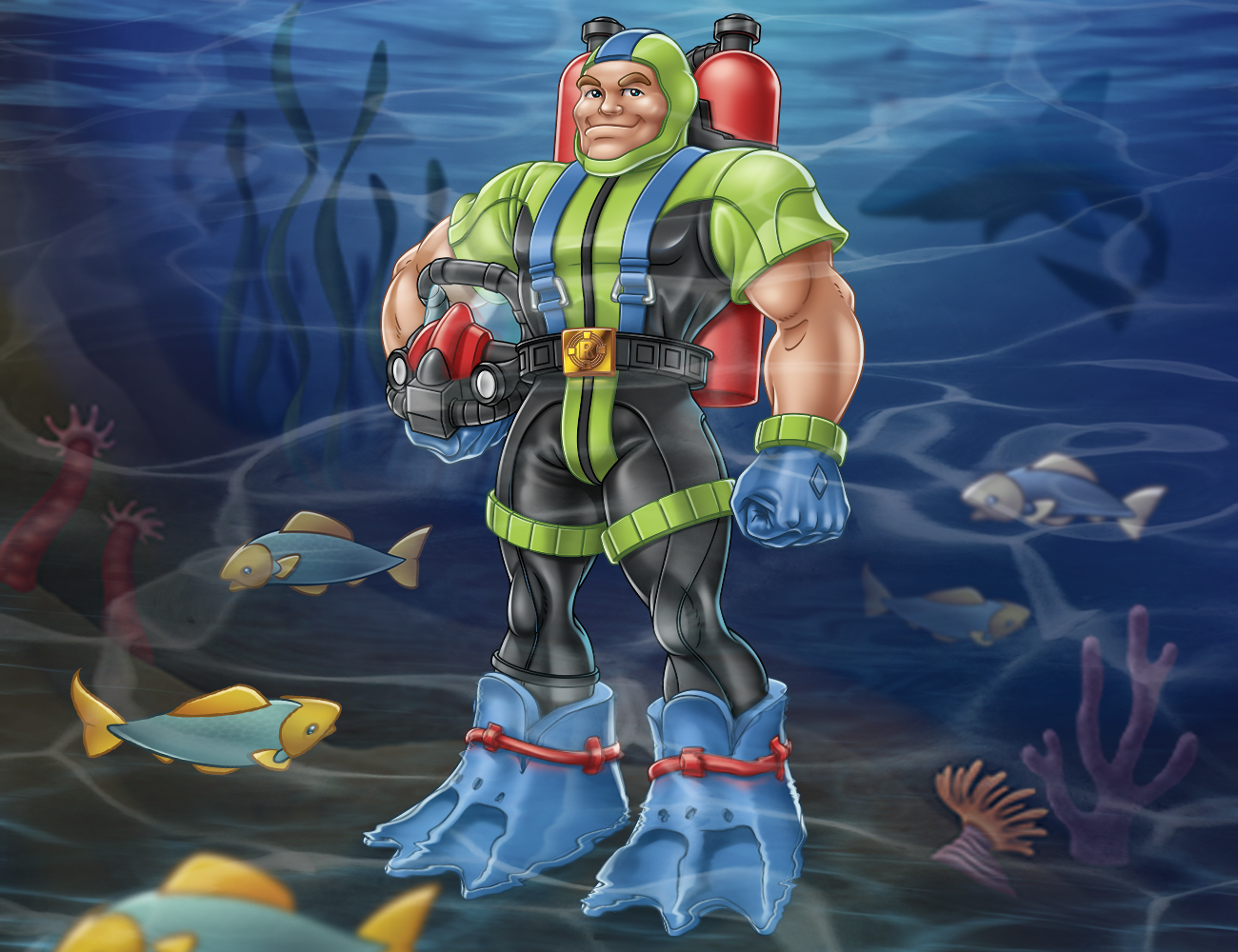 Cartoon illustration of Fisher-Price's Gil Gripper character underwater