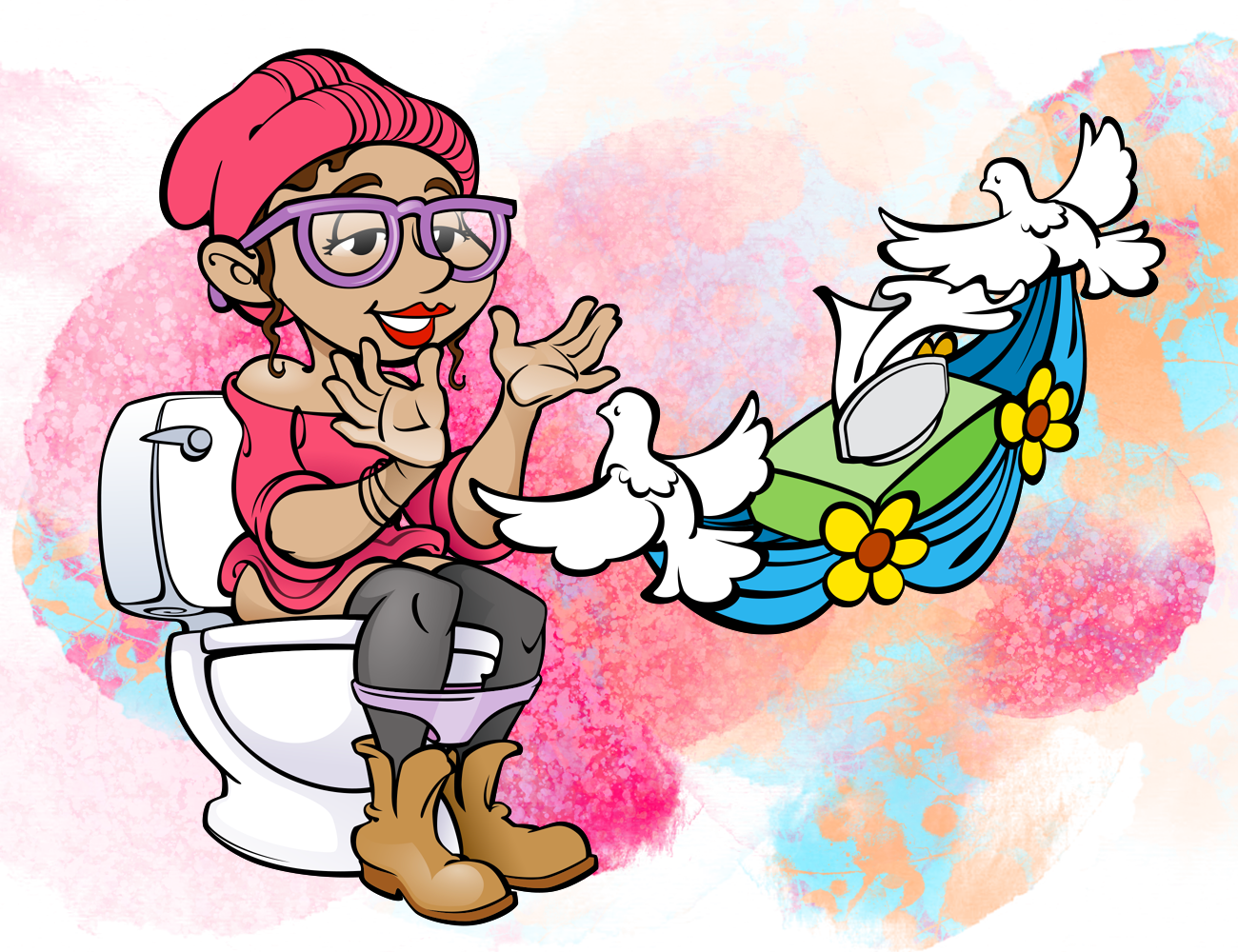 Cartoon illustration of young woman on toilet using Nice-N-Clean brand wipes