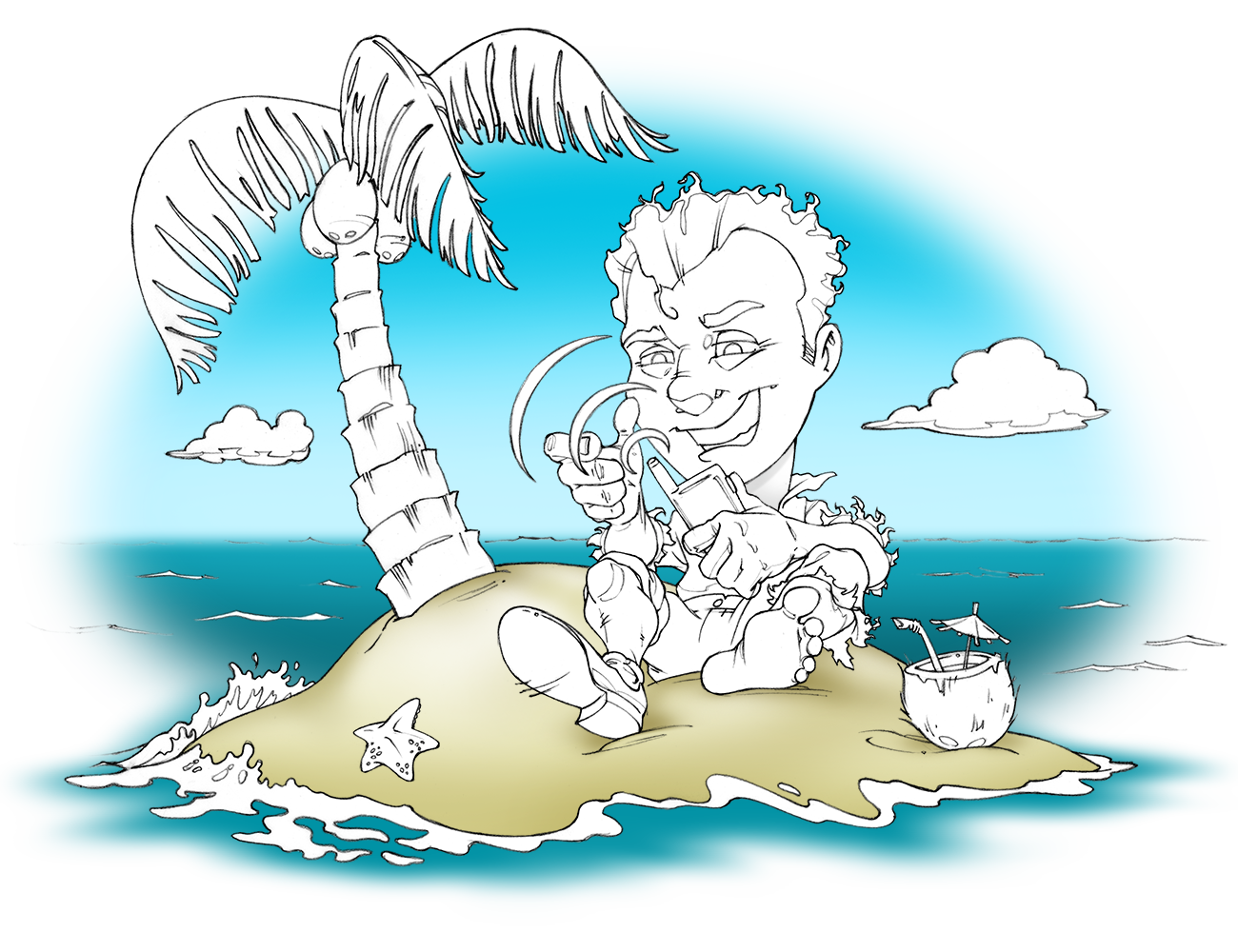 Pencil sketch of man stuck on small deserted island trying to get cell service