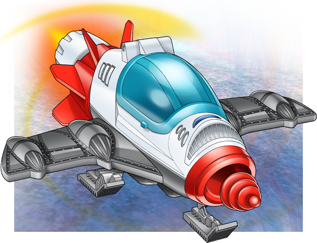 Colorized pencil sketch of spaceship proposal for Fisher-Price