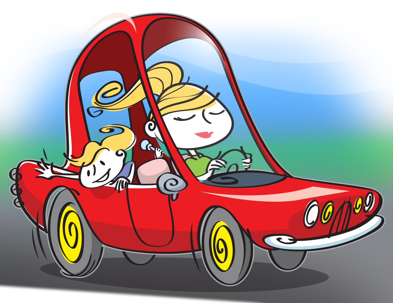 Cartoon illustration of woman in car with child in backseat