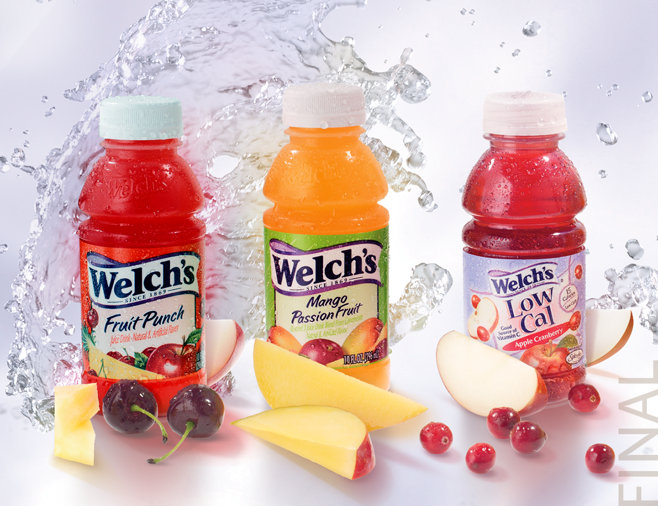 composited image of multiple Welchs bottles in front of large water splash