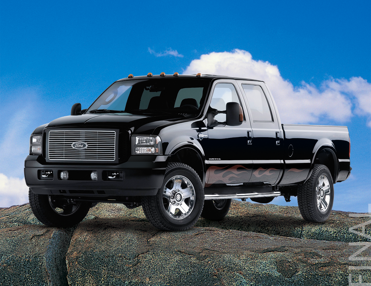 composited image of Ford truck on mountain top