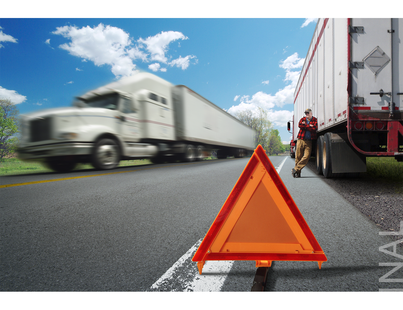composited image of driver leaning on stalled semi