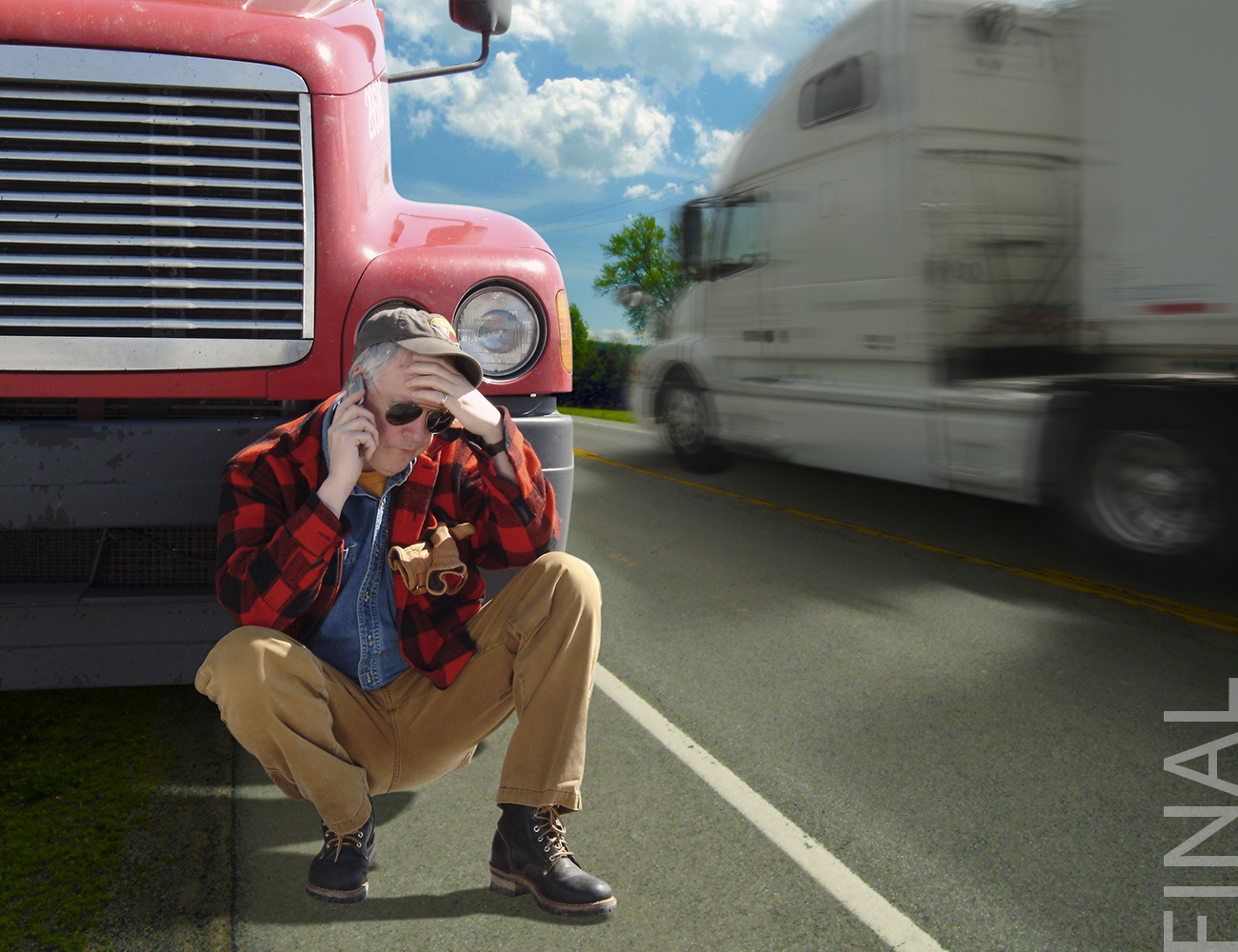 composited image of driver squatting in front of disabled truck