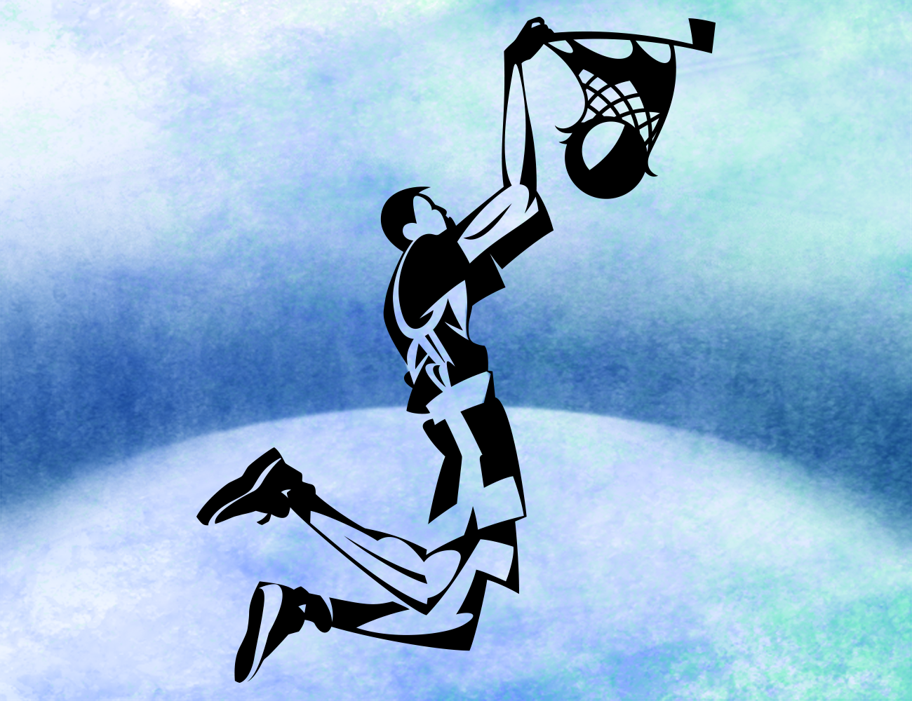 Flat Art/Graphic style illustration of basketball player slam-dunking