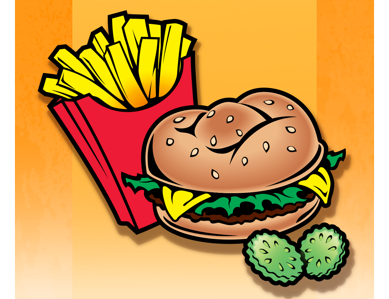 Flat Art/Graphic style illustration of hamburger and french fries