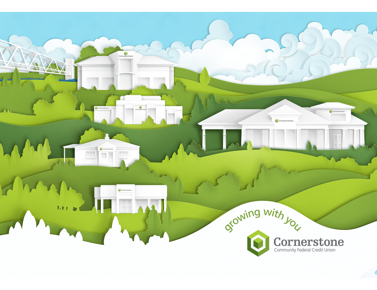 Paper Cut-Out appearance illustration of Cornerstone locations and tourist landmarks for Annual Report