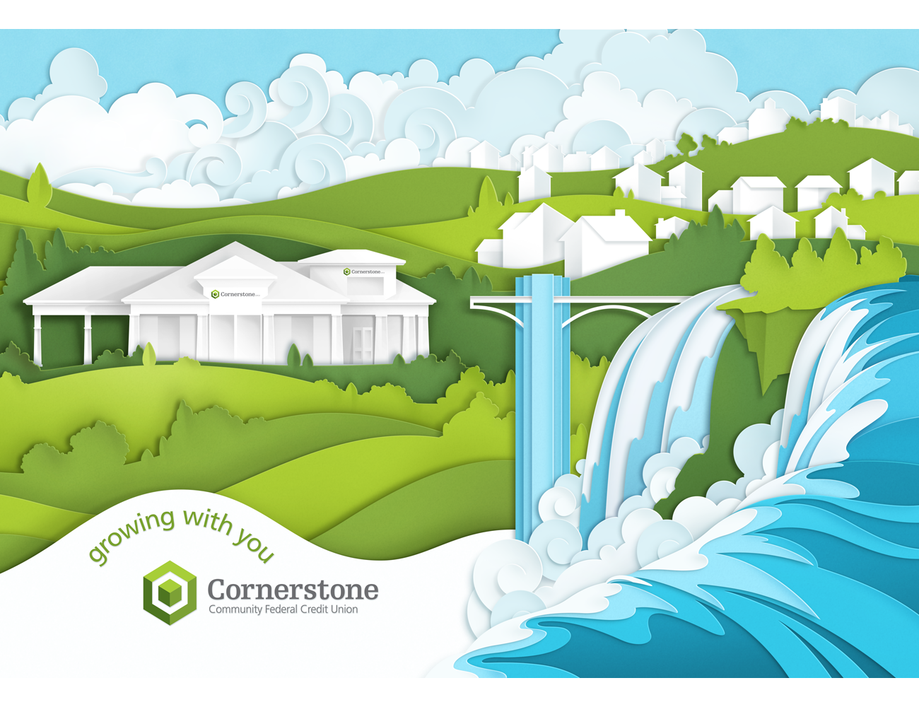 Paper Cut-Out appearance illustration of Cornerstone locations and tourist landmarks for Annual Report