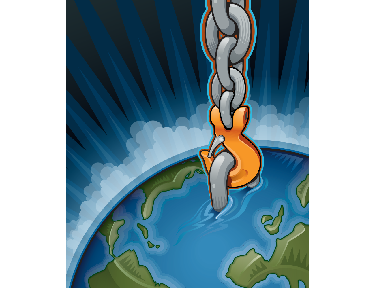 Flat Art/Graphic style illustration of hook and chain holding up Earth for Columbus McKinnon Report