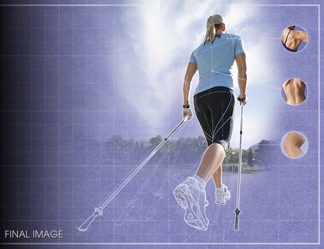 CLIENT :<br>Leki, Inc.<br><br>IMAGE DETAILS:<br>Walker's skin needed to be retouched a did some of the pole details. Linework and paper texture was illustrated.