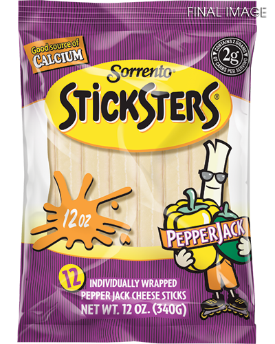CLIENT :<br>Sorrento Lactalis Commercial, Inc.<br><br>IMAGE DETAILS:<br>Using the flat package graphic provided, a dimensional package, included cheese sticks, was created.