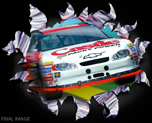 CLIENT :<br>Castle Products, Inc.<br><br>IMAGE DETAILS:<br>Image of vehicle was provided, but the quality was such that much of it had to be refined. Bursting metal was illustrated as were the speeding effects. Logos were recreated for crispness.