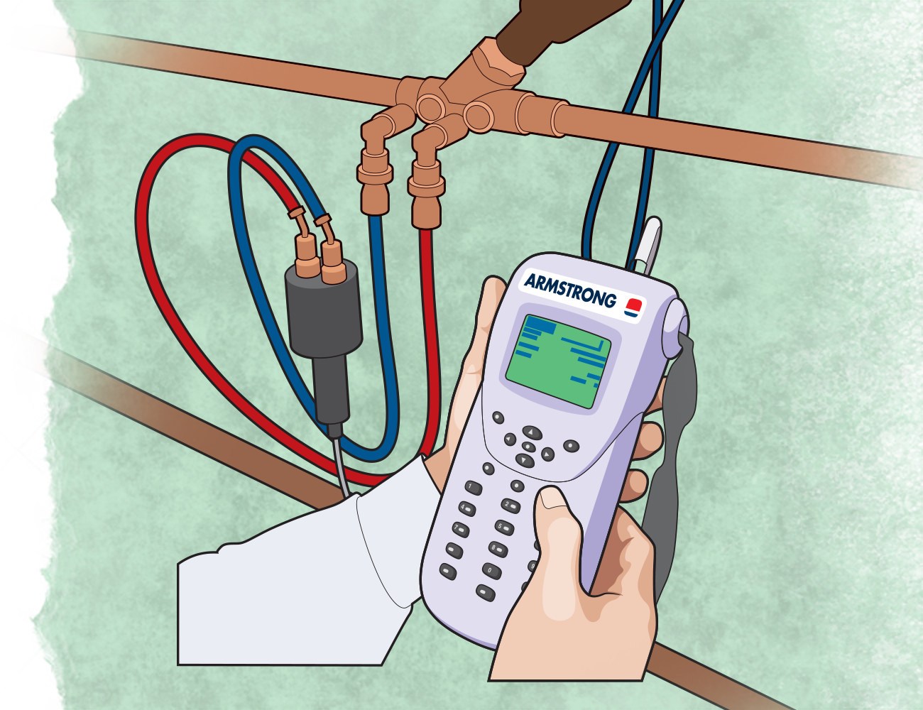 Linear illustration of hands holding a meter reading at copper pipes