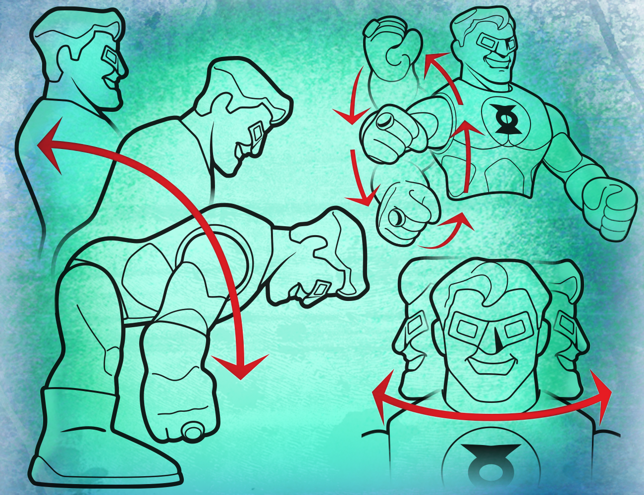 Linear illustration of Fisher-Price Green Lantern Toy movements