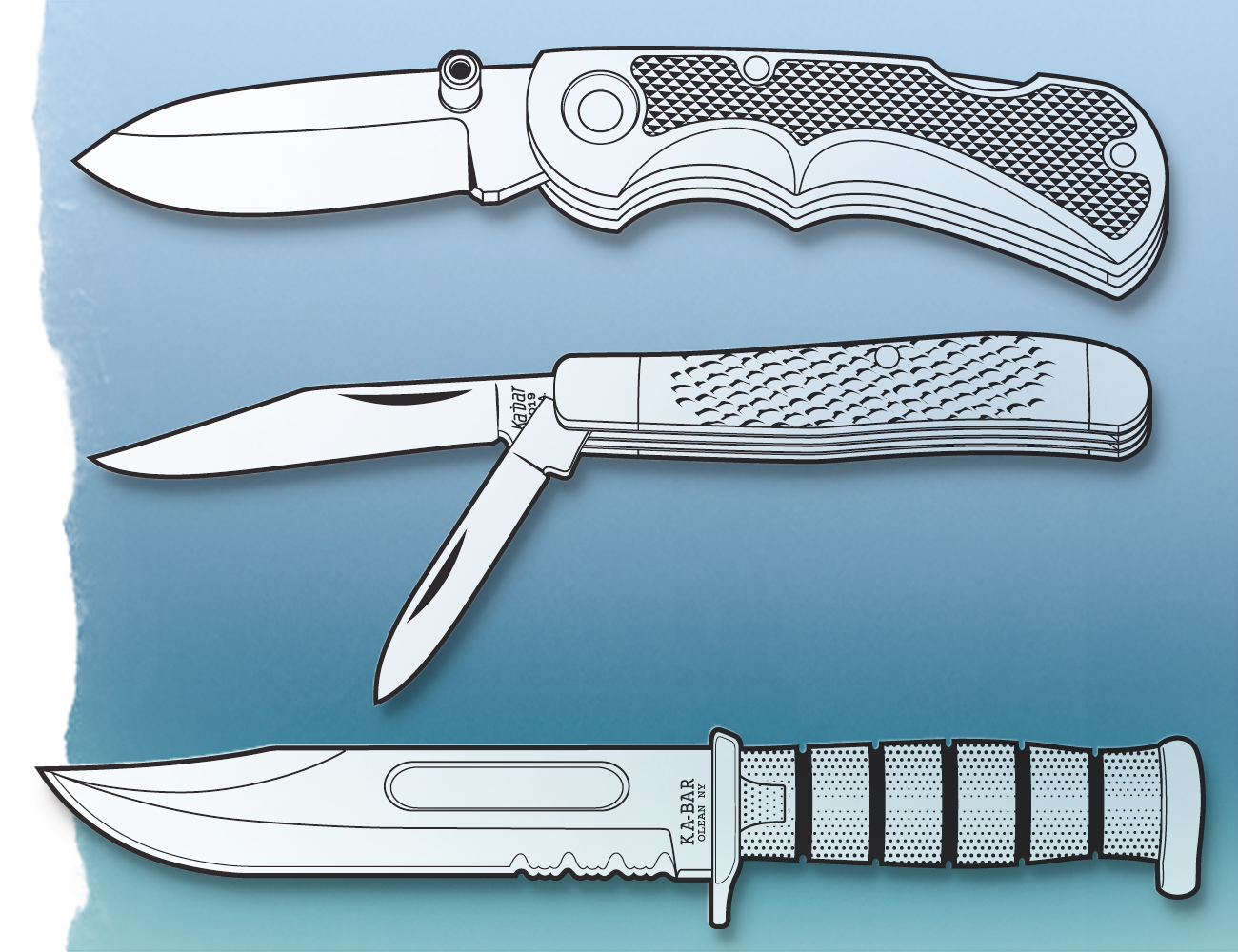 Linear illustration of various Kabar knives