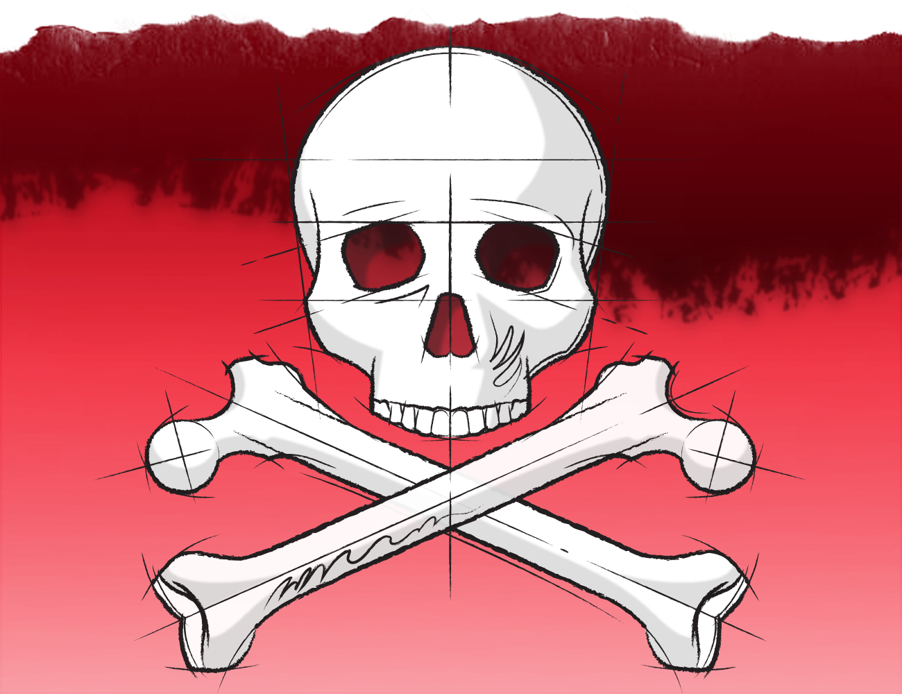 Linear illustration of skull and crossbones in a blueprint sketchy style
