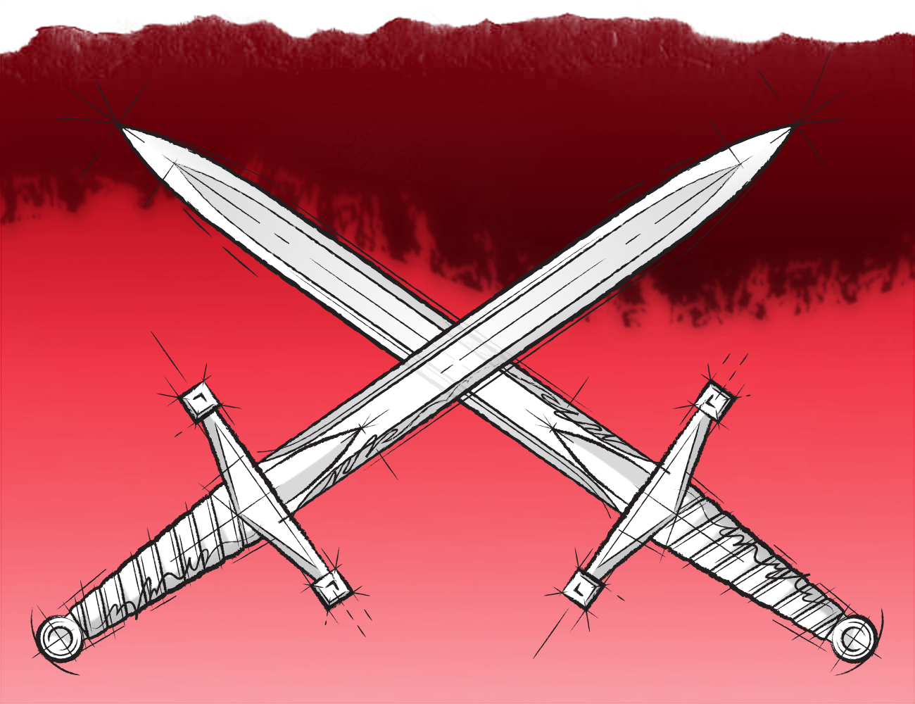 Linear illustration of crossed swords in a blueprint sketchy style