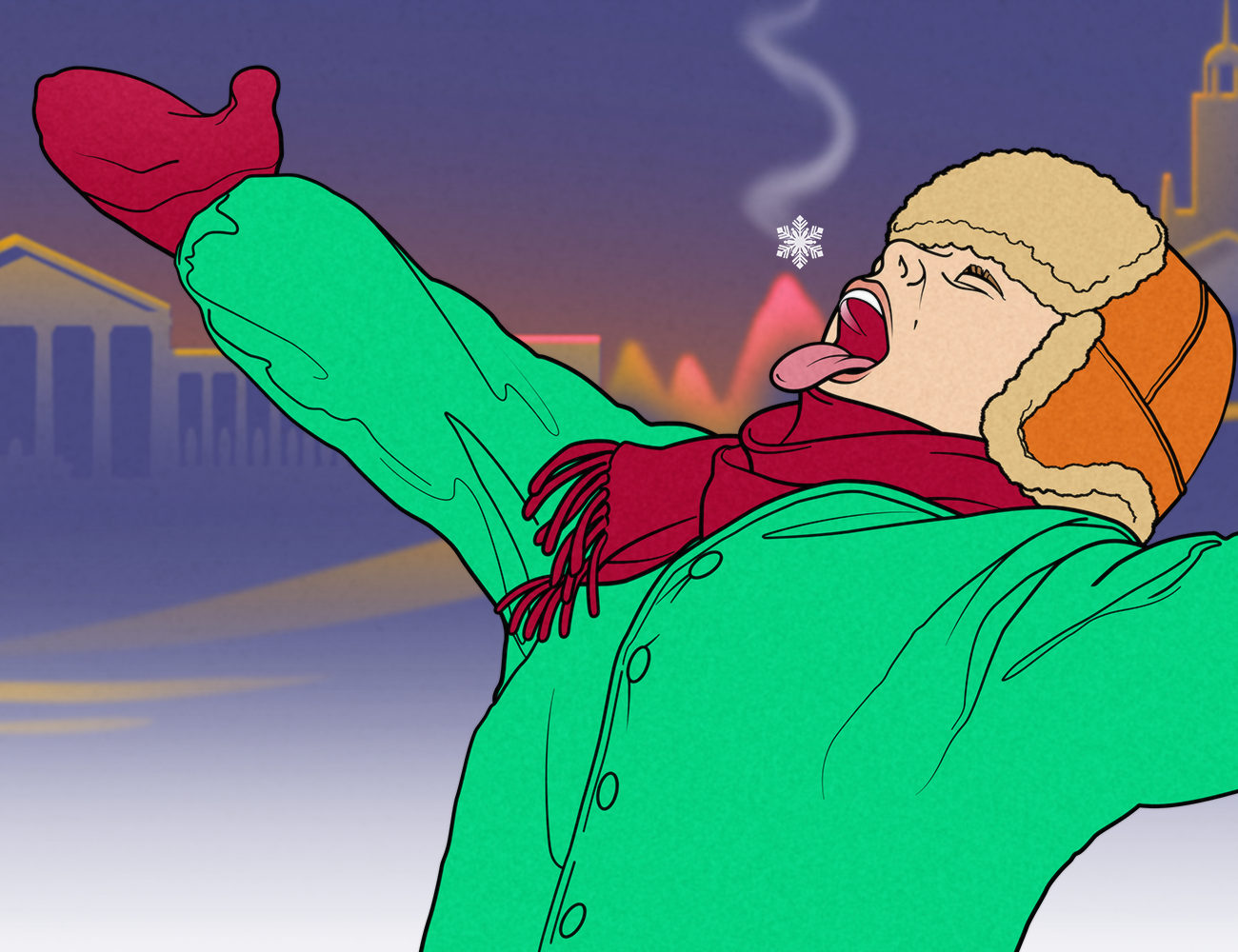 Linear illustration of boy in snowgear catching a snowflake on his tongue