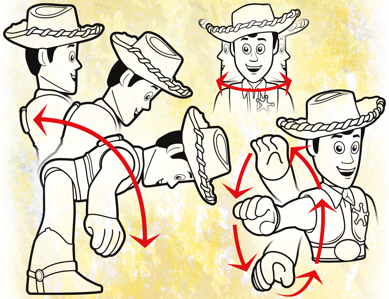 Linear illustration of Fisher-Price Woody Toy movements
