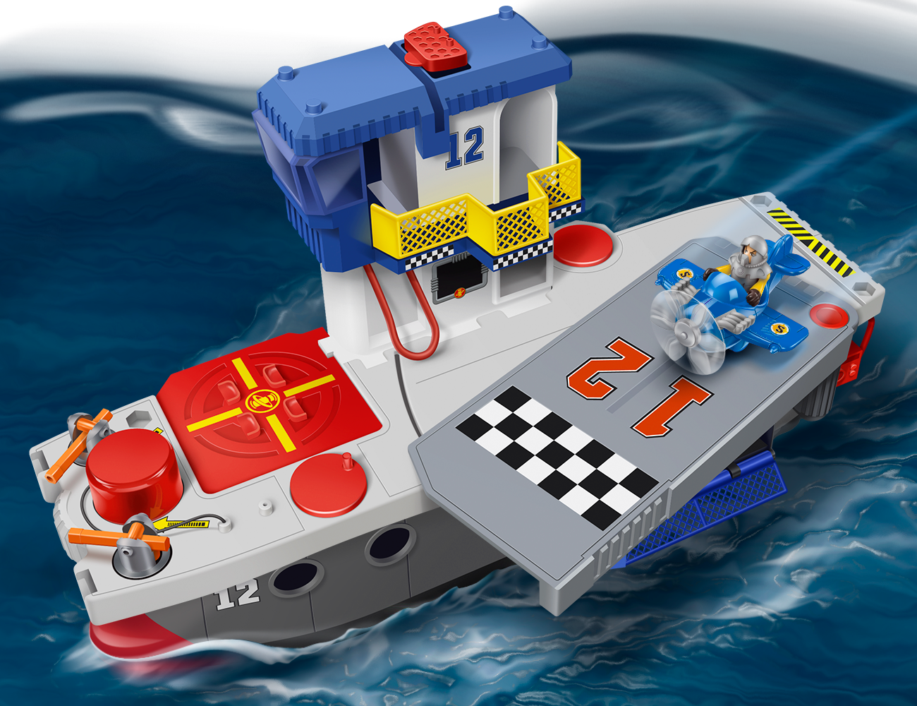 Realistic illustration of Fisher-Price aircraft carrier toy on water