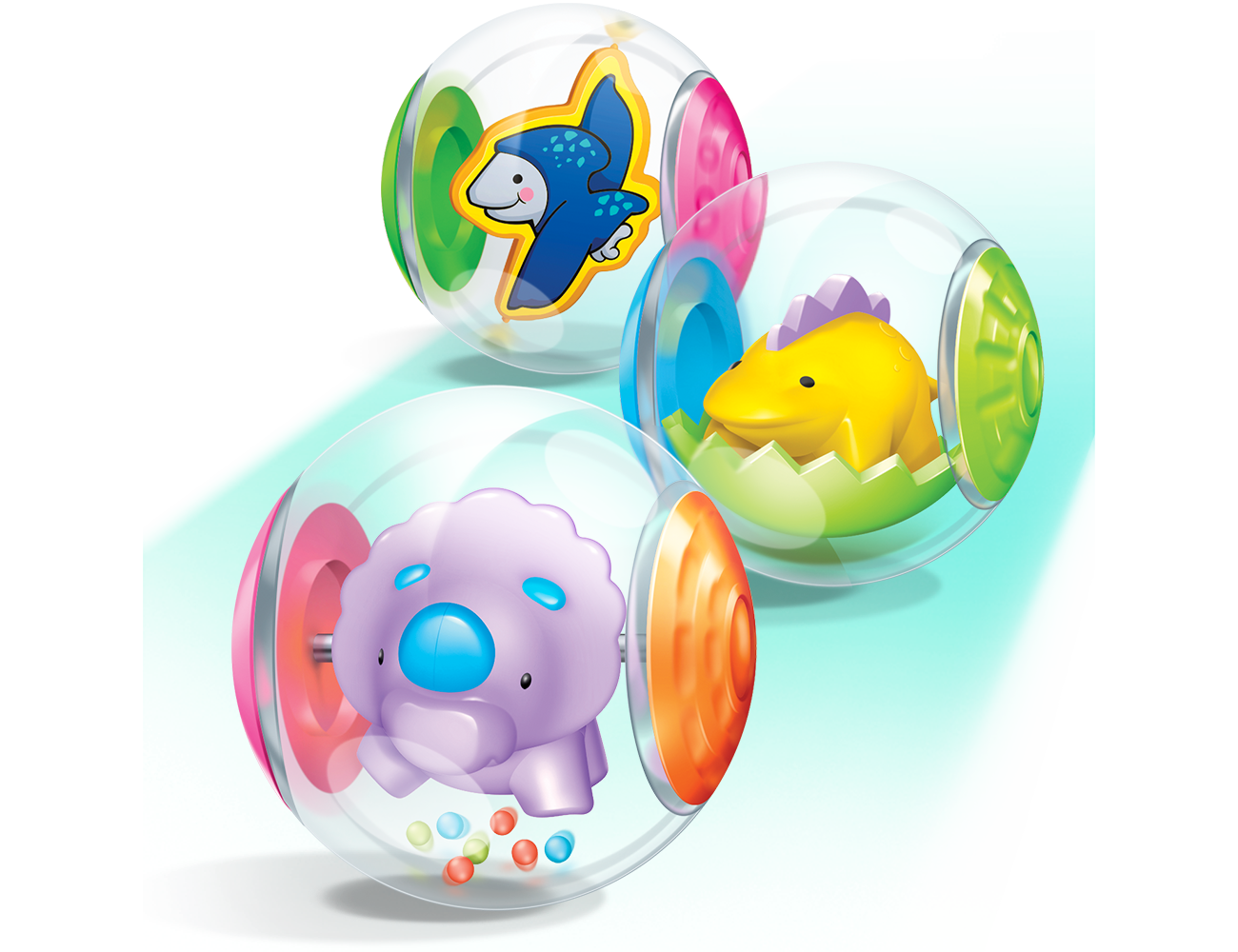 Realistic illustration of Fisher-Price dinosaurs in clear balls