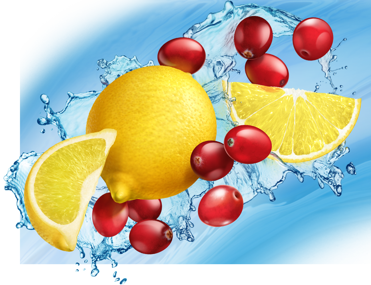 Realistic illustration of lemons and cranberries in front of large water splash