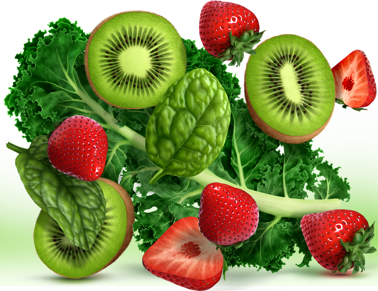 Realistic illustration of strawberries, kiwi, spinach, and kale