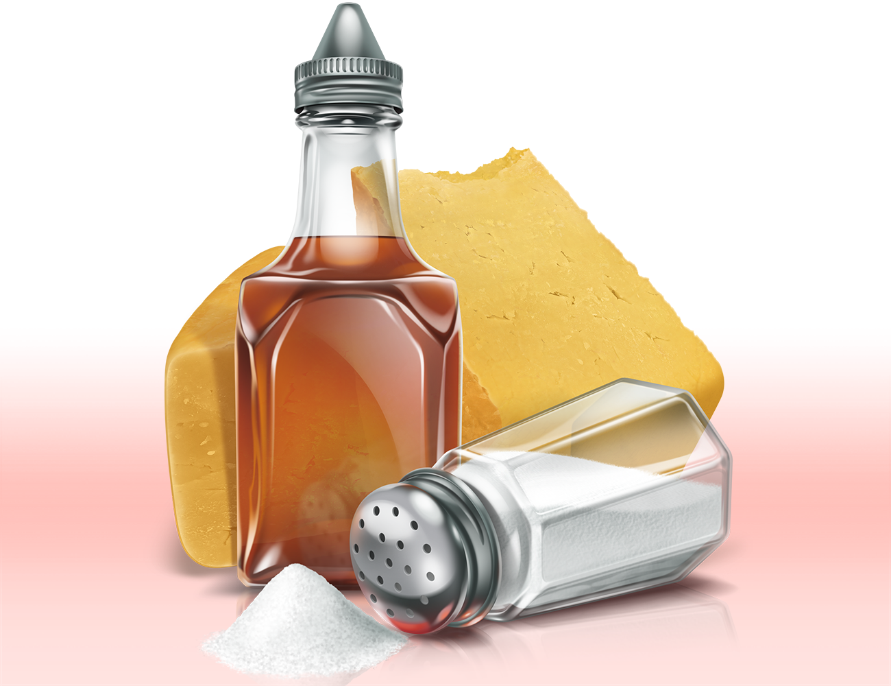 Realistic illustration of vinegar and salt shaker in front of cheese brick