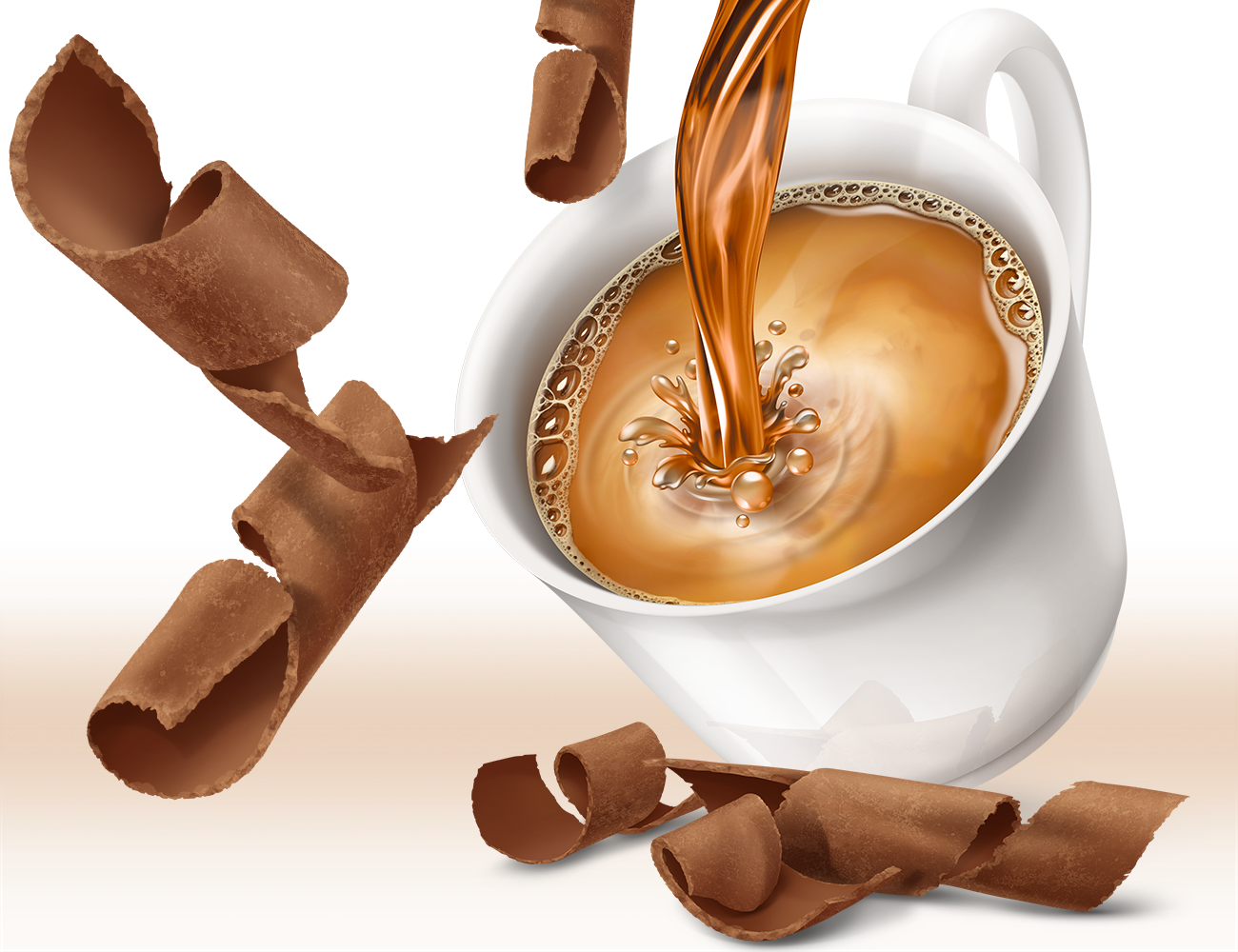 Realistic illustration of coffee being poured into cup with creamer